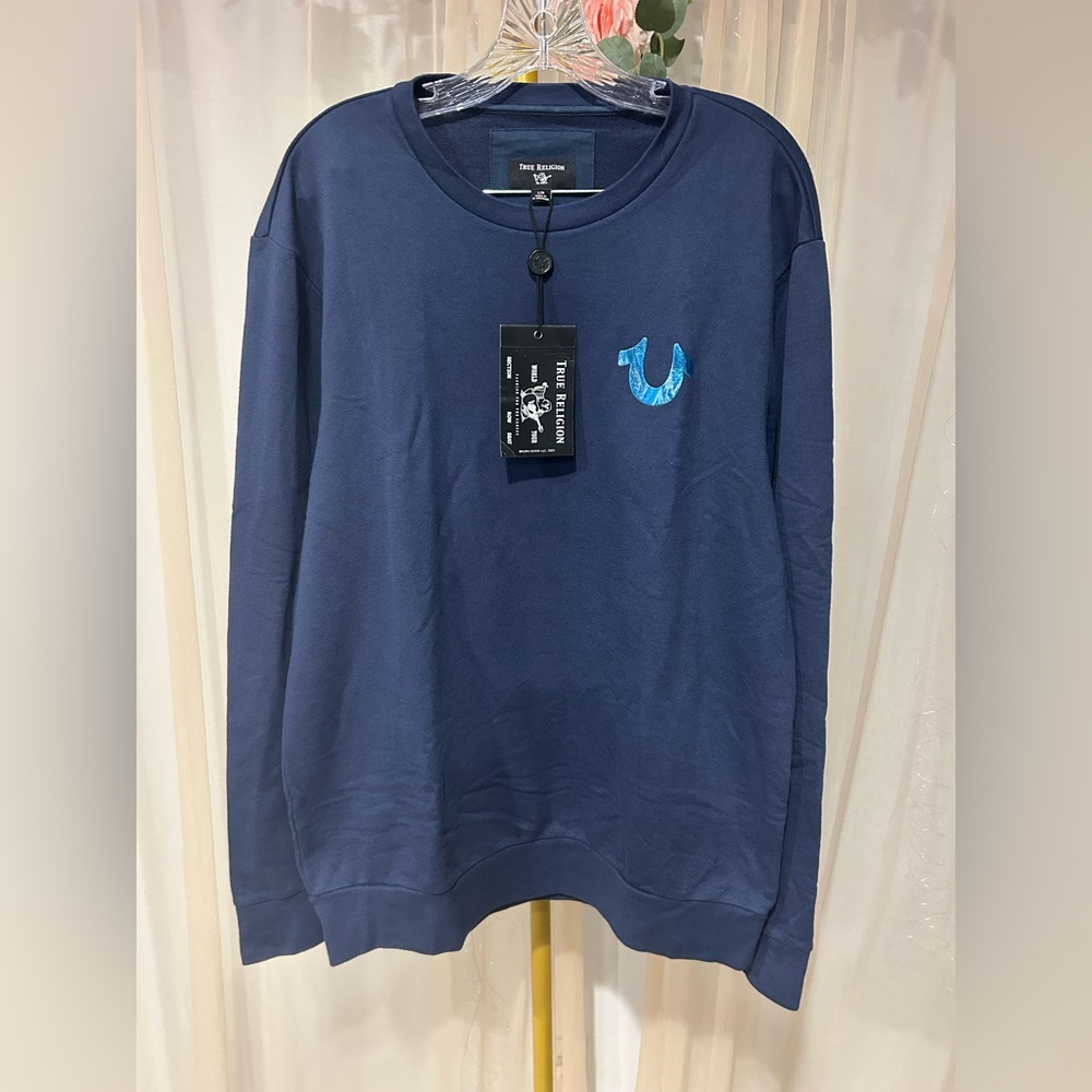 True Religion Brand Jeans Blue Crewneck Sweatshirt Logo Graphic Size L NWT